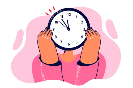 Woman hides face behind watch to show tiredness from overwork and overload due to strict deadlinesのイラスト素材