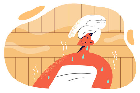 Woman sweats sitting in sauna and enjoying spa treatments that promote rejuvenationのイラスト素材
