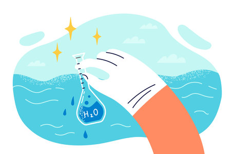 Glass flask signed H2O with water from ocean in hand environmentalist checking liquidのイラスト素材