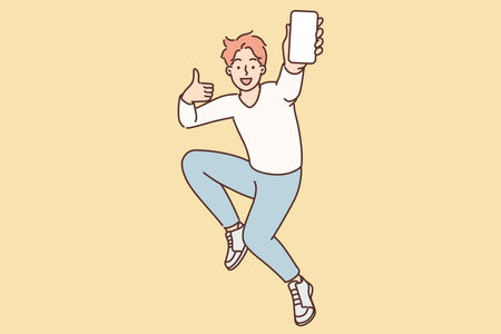 Encouraged man jumps up with mobile phone in hands showing blank screen gadget and shows thumbs upのイラスト素材