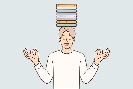 Meditating man with books on head stands maintain balance between study and restのイラスト素材