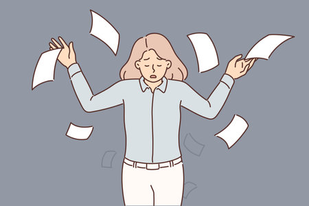 Upset business woman throwing papers up during stressed about tax increase or bankruptcy noticeのイラスト素材