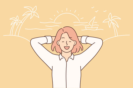 Happy woman in business clothes on sea beach with palm trees and sunny sunset during summer vacationのイラスト素材
