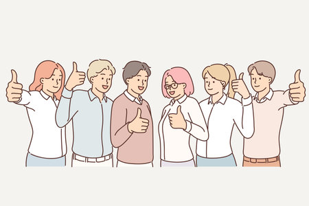 Team of promising people showing thumbs up as sign of desire to work together and achieve successのイラスト素材