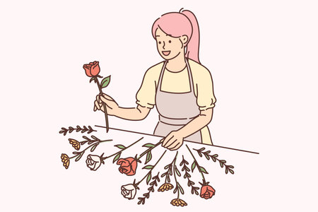 Woman florist stands near table with flowers collecting beautiful bouquet for wedding gift to brideのイラスト素材