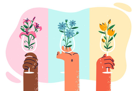 Hands of people with different skin colors raising vases with fresh bouquets of flowersのイラスト素材