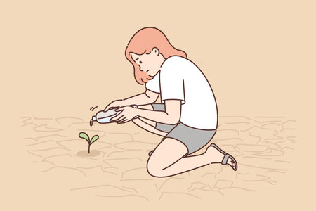 Teenage girl watering plants growing from dry soil or in need of moisture due to lack of rainのイラスト素材