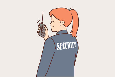 Woman security guard uses walkie-talkie to contact colleagues or report intruderのイラスト素材