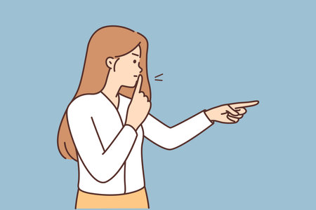 Angry woman puts finger to lips to urge quiet and not make noise during important meetingのイラスト素材