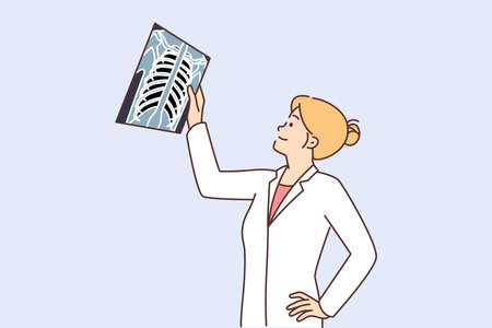 Woman doctor examines x-ray of person chest in search of symptoms of dangerous diseasesのイラスト素材