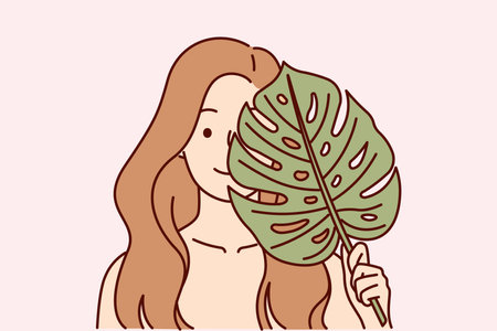 Beautiful woman applies leaf from palm tree to face, symbolizing natural cosmetic product for skinのイラスト素材