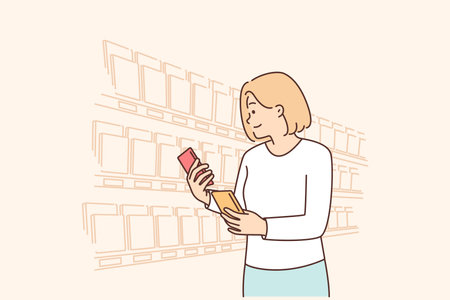 Woman looking for sweet chocolate on grocery store shelves choosing low calorie breakfast dessertのイラスト素材