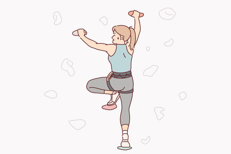 Woman climber is training to swarm up artificial stone wall, wanting to conquer new peakのイラスト素材