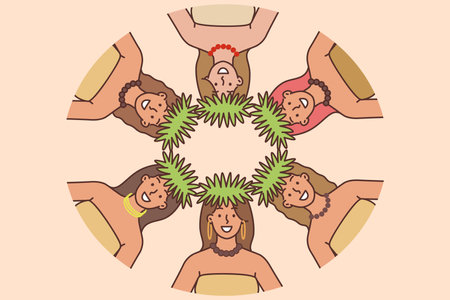 Women Polynesian dancers from exotic resort on tropical island stand in circle and look at cameraのイラスト素材