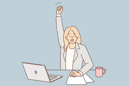 Successful woman manager celebrates victory and raises hand up sitting at table with laptopのイラスト素材
