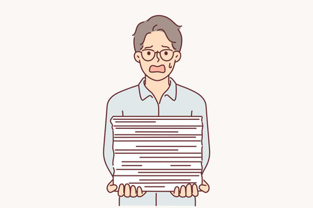 Weeping businessman with bunch of paperwork is suffering from paperwork overload and bureaucracyのイラスト素材