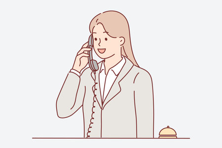 Receptionist woman talking on phone answering customer call with request to send maid or waiterのイラスト素材