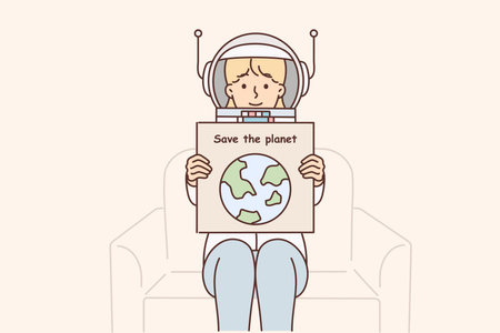 Woman in astronaut space suit holds poster calling for saving planet and taking care environmentのイラスト素材