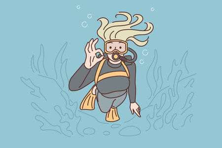 Woman diver swims underwater in scuba gear and goggles showing OK gesture exploring underwater worldのイラスト素材