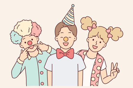 Funny kids at costume party dedicated to april fool day celebration or elementary school graduationのイラスト素材