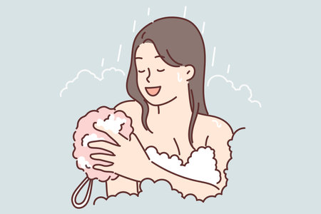 Woman takes shower using washcloth and stands among foam enjoying hygiene proceduresのイラスト素材