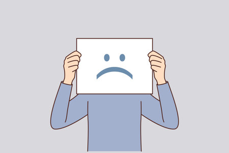 Unhappy emotions on poster hiding man face for concept bad mental state of company employeesのイラスト素材