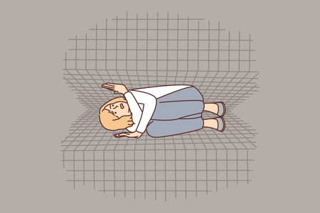 Claustrophobic woman lies between two squeezing walls symbolizing psychological pressure and phobiaのイラスト素材