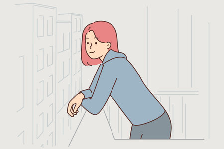 Young woman stands on balcony and admires city enjoying life in large metropolisのイラスト素材