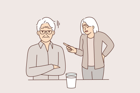 Elderly woman yells at man suffering from alcohol addiction and drinking vodka from glassのイラスト素材