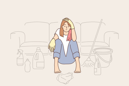 Tired housewife woman sits on floor near detergents and bucket with mop feels lack of strengthのイラスト素材