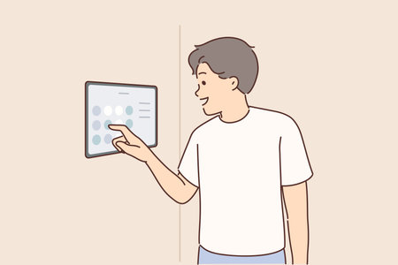 Man controls smart home system using digital panel hanging on wall to turn iot devices on and offのイラスト素材