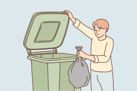 Man throws garbage into large container for concept of overabundance of garbage on planetのイラスト素材