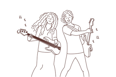 Happy musicians playing on guitarsのイラスト素材