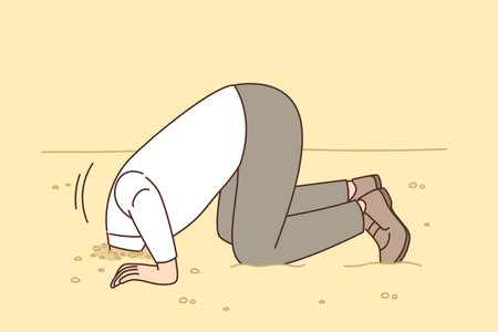 Man hides head in sand like ostrich from proverb, for concept of denial of problems and cowardiceのイラスト素材
