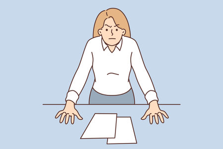 Bossy business woman with displeased look stands near office desk, wanting to chastise employeesのイラスト素材