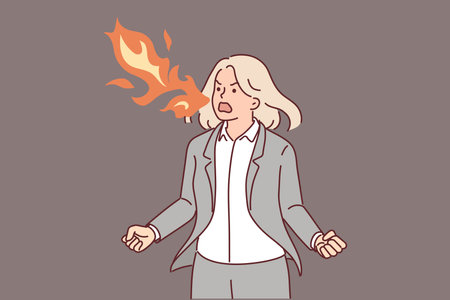 Angry business woman with fiery breath symbolizes dispathic way of managing in companyのイラスト素材