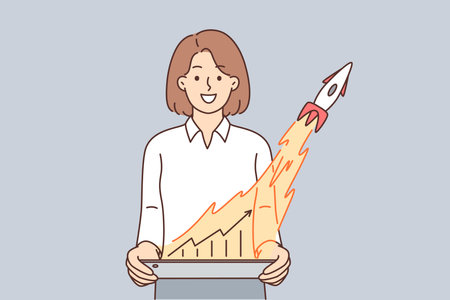 Businesswoman with graph and rocket taking off symbolizing financial success of startupのイラスト素材