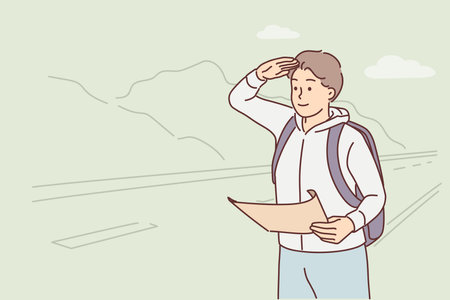 Man forwarder with map stands near road and looks into distance waiting for arrival bus for touristsのイラスト素材