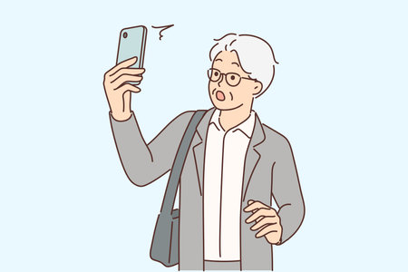 Elderly man with phone is shocked by news saw in application or sms message from business partnerのイラスト素材