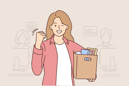 Woman celebrates dismissal by standing in office with cardboard box filled with personal itemsのイラスト素材