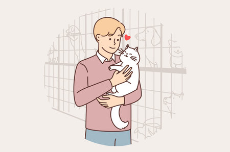 Man adopted cat from animal shelter, wanting to find new friend and pet for own homeのイラスト素材