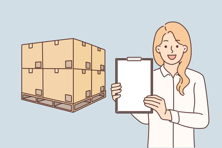 Woman logistician stands near boxes placed on pallet and demonstrates empty clipboardのイラスト素材