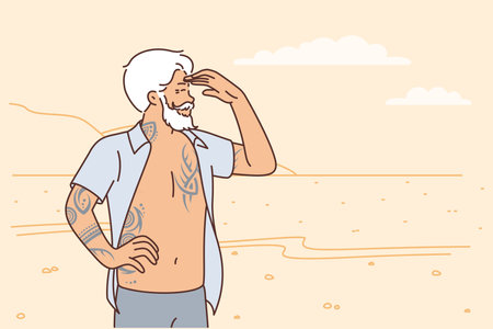 Elderly brutal man stands on beach in unbuttoned shirt and looks in distance enjoying lifeのイラスト素材
