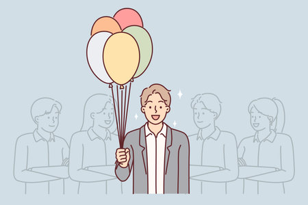 Business man with balloons stands near colleagues congratulating boss on birthdayのイラスト素材