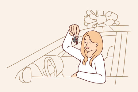 Woman driver with key to donated car sits behind wheel and brags about buying or getting loanのイラスト素材