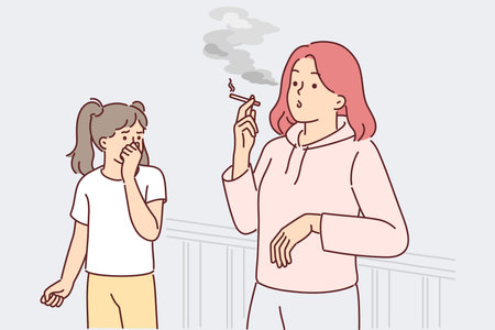 Woman smoking cigarette making daughter passive smoker and causing child suffering from nicotineのイラスト素材