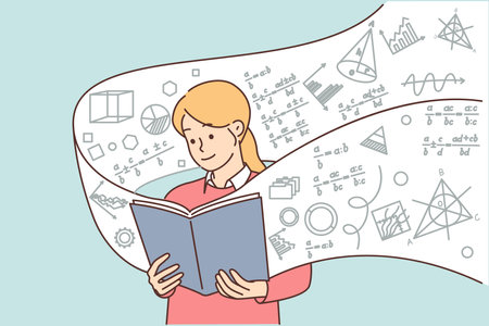 Girl student with book on algebra studies exact mathematical sciences, wanting to prove theoremのイラスト素材