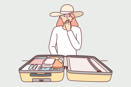 Woman tourist with travel suitcase is worried about losing personal belongings or stealing moneyのイラスト素材