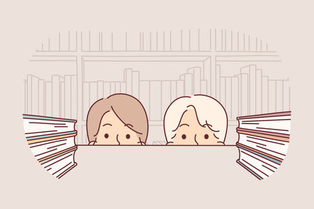Faces of students near shelf with books in library or bookstore with educational literatureのイラスト素材