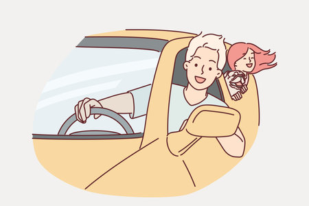 Happy family rides in car leaning out of windows to enjoy summer trip together or trip to mallのイラスト素材